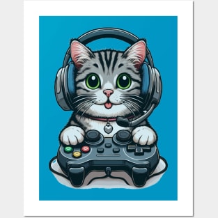 funny cute cat love gaming Posters and Art